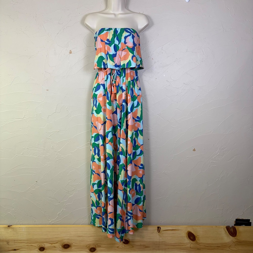 Japna Strapless Floral Maxi Dress Womens Medium Multi Color Rayon Boho Summer